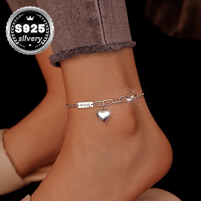 

Elegant 925 Sterling Silvery Heart Pendant Anklet - Classic & , Perfect Gift For Her With Elegant Box, Ideal For Or Parties