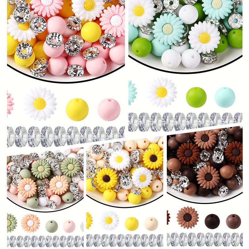 

79pcs Sunflower & Daisy Silicone Bead Set - Fashionable Floral Spacer Beads For , Keychains, Bracelets, Necklaces, And Craft Decorations ()