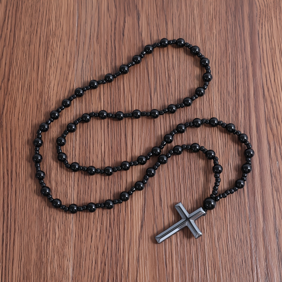 Men's Vintage Black Beaded Cross Pendant Necklace - Fashionable Sweater Chain Accessory