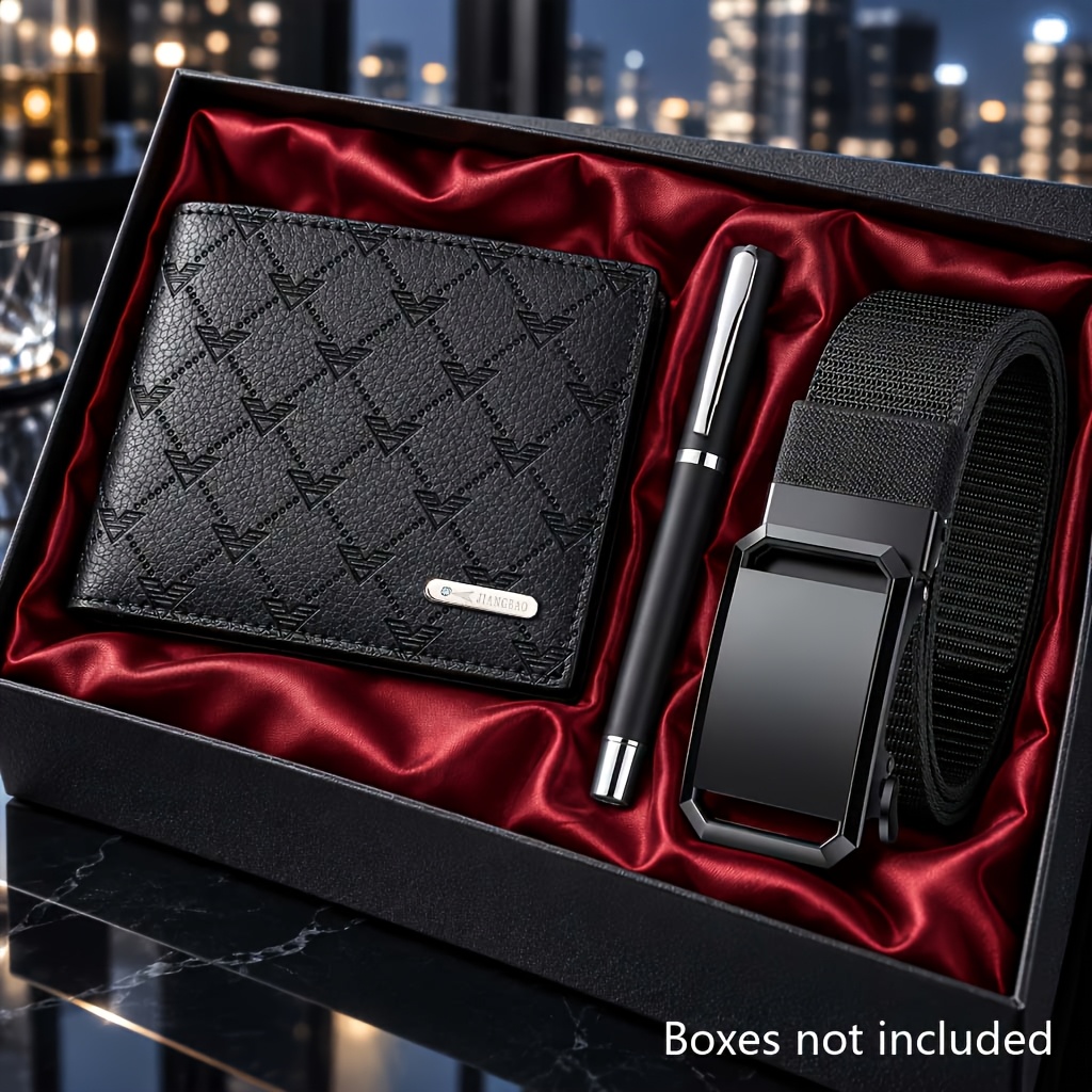 TEMU Men's 3pcs Set: Black - Embossed Bifold Wallet, Adjustable Matte Black Automatic Belt & Ballpoint Pen For , Travel & Father's Day Gifts
