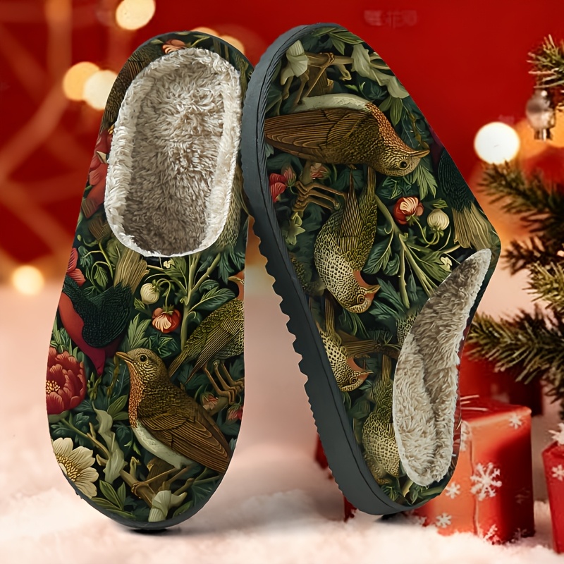 TEMU A Pair Of Comfortable Slippers With A Floral And Bird Pattern Theme, Suitable For Indoor And Outdoor Use, Slippers, Cozy Fuzzy House Shoes, Warm