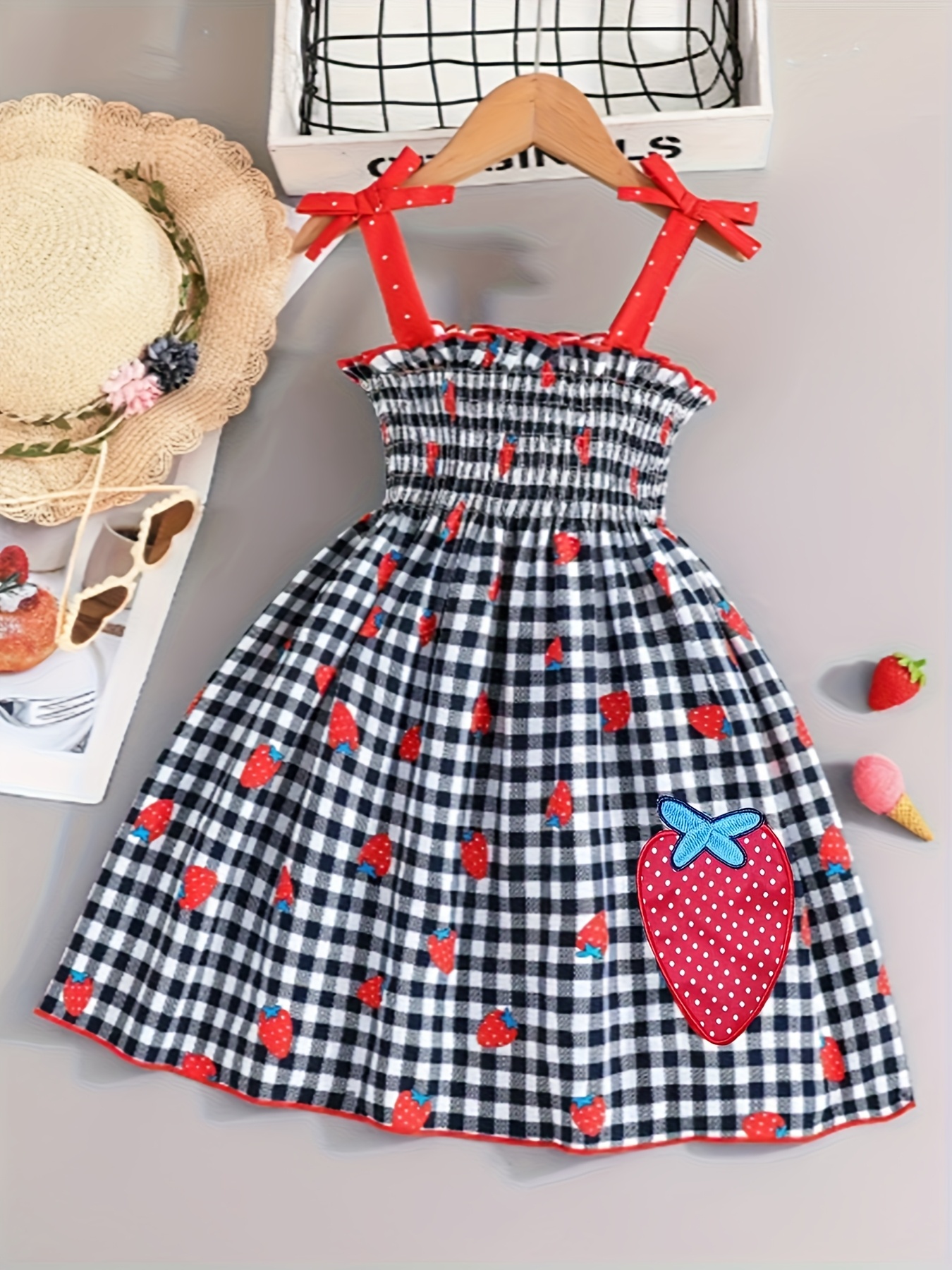 * Cool Summer Dress for Girls Featuring a Fruit Strawberry Print, And  Shoulder Straps with Bows * Outdoor Leisure Parties And Beach Trips.