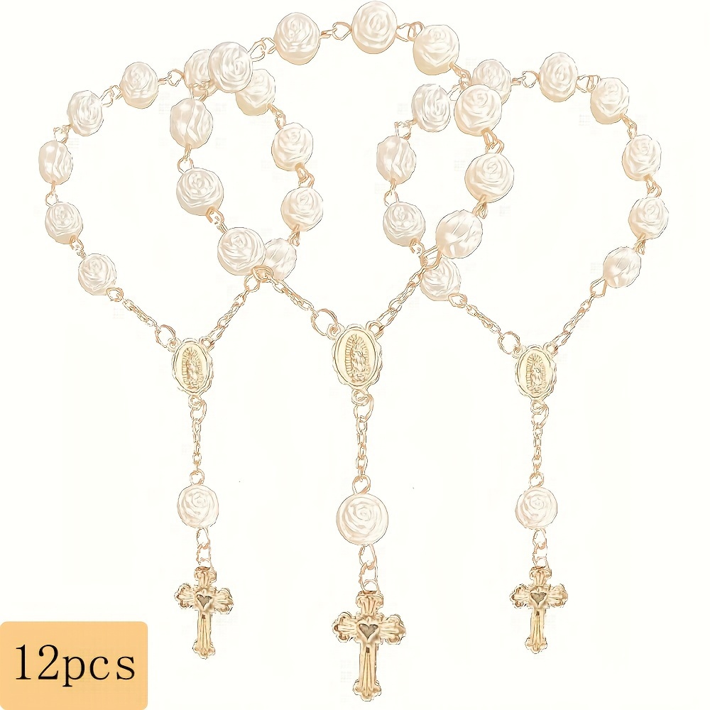 Image of 12 Creative Rose-shaped Bead Bracelets, Cross Heart Engraved Baptism Beads Small Bracelet, Suitable For Baptism Parties, First Communion Gift Sets, Gift Set Fillers, Souvenirs