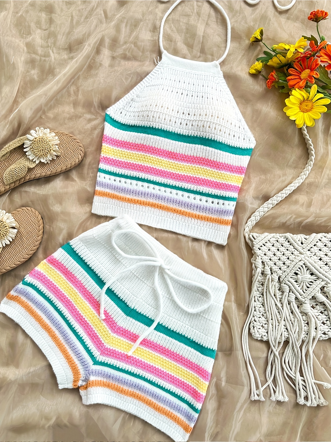 womens 2pcs summer striped outfit backless halter top Temu