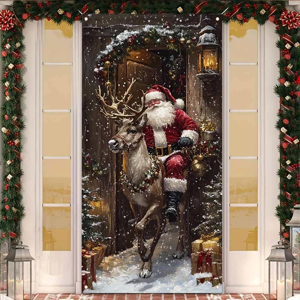 

Santa & Reindeer Sleigh Christmas Door Banner - Polyester, Outdoor Holiday Decor, 35.4x70.8 Inches