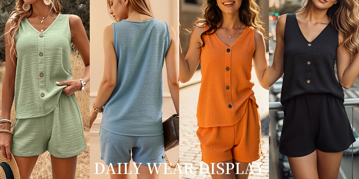 four color random hair 4pcs casual solid color texture shorts solid color texture vest v neck single breasted loose and simple shorts suitable for womens sets   summer and autumn festivals Product details 2