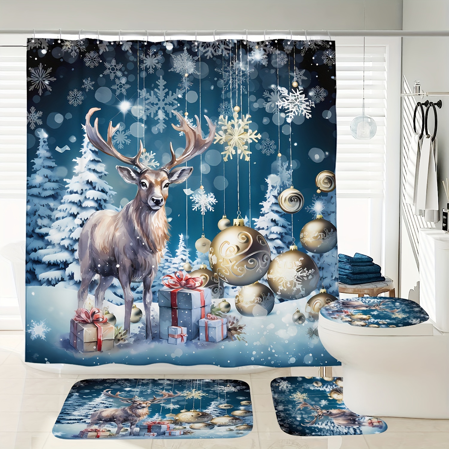 

Festive Forest Christmas Shower Curtain Set With Toilet Seat Cover And Bath Mats - 72" X 72" - Waterproof, No Cord, Forest Theme, Polyester, Woven Fabric