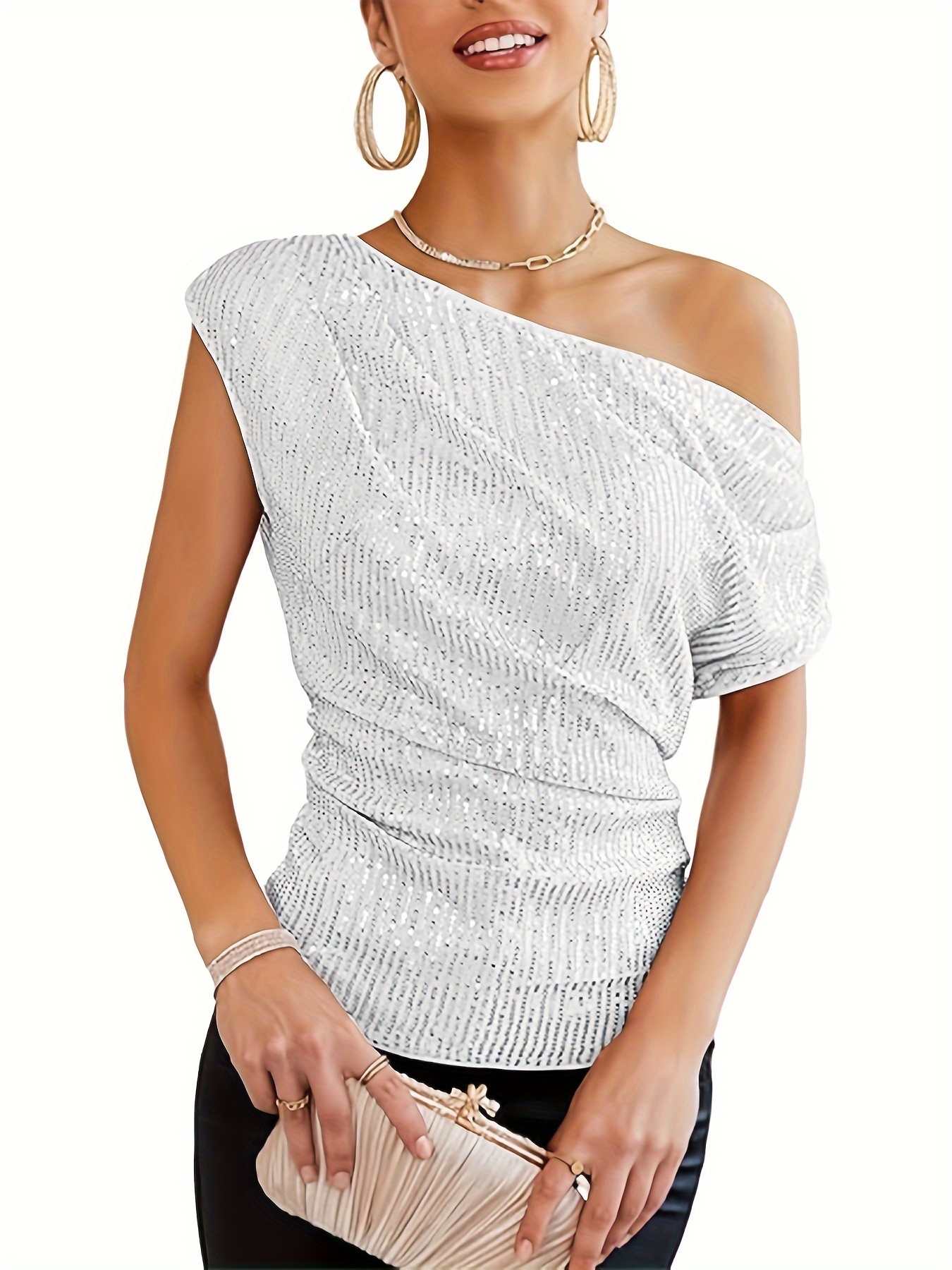 Sequin Decor Cold Shoulder T shirt Casual Short Sleeve Top - Temu