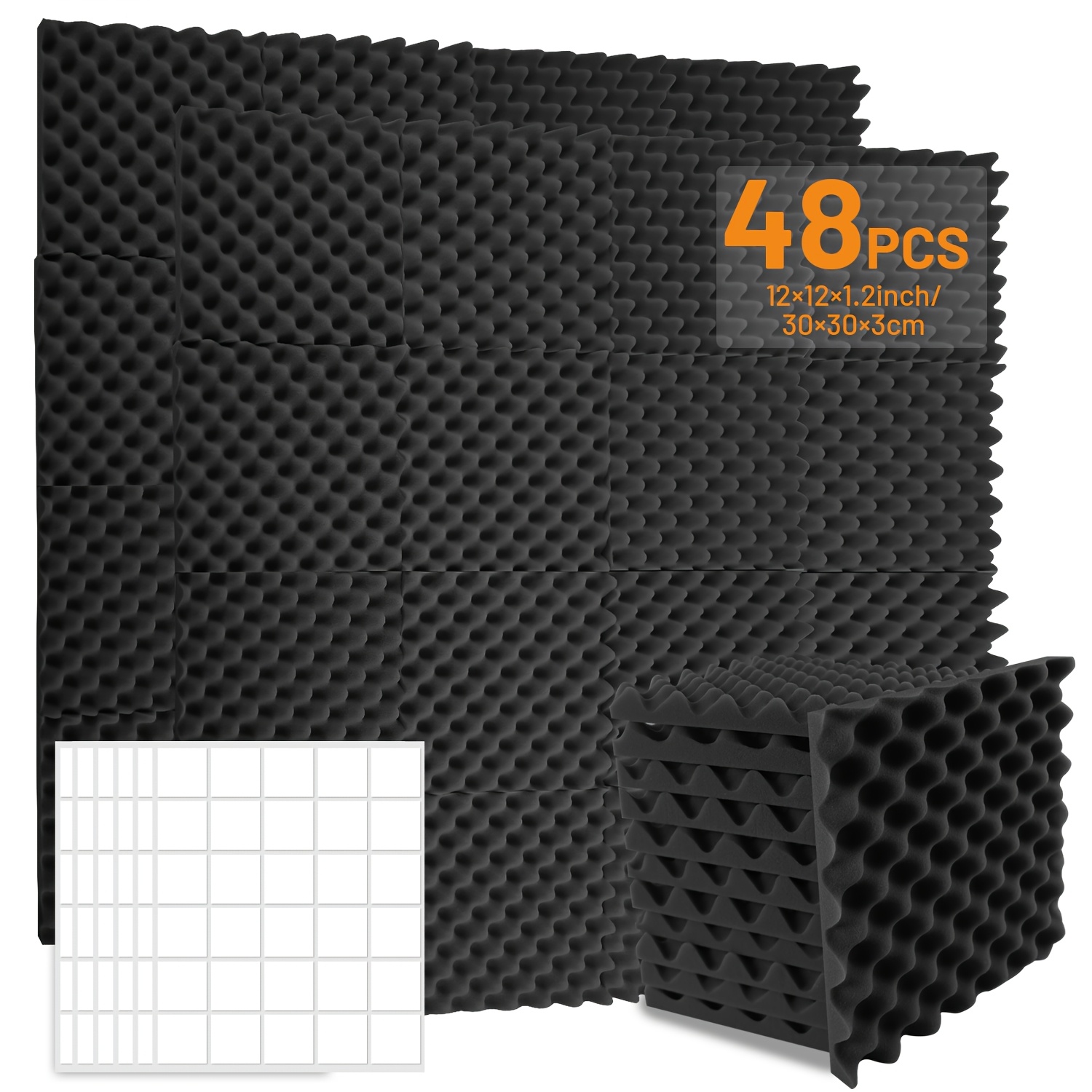 48pcs black acoustic foam soundproof wall panels with double sided   12 x 12 x 1 8 egg crate pattern absorptive sponge ideal for bedroom studio office