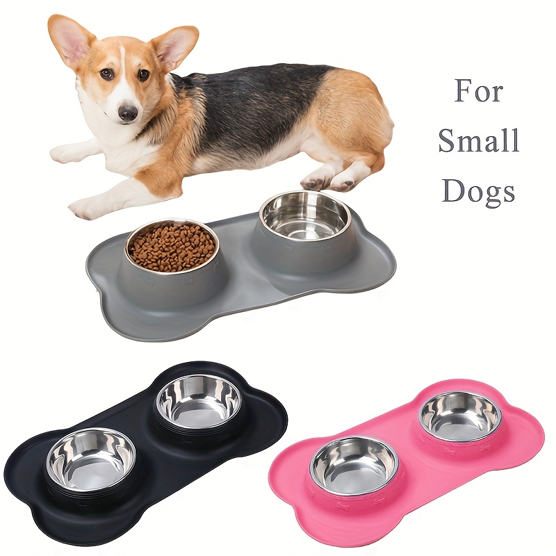 

Non-slip Tpr Pet Feeding Mat With Stainless Steel Double Bowls For Dogs - , Easy