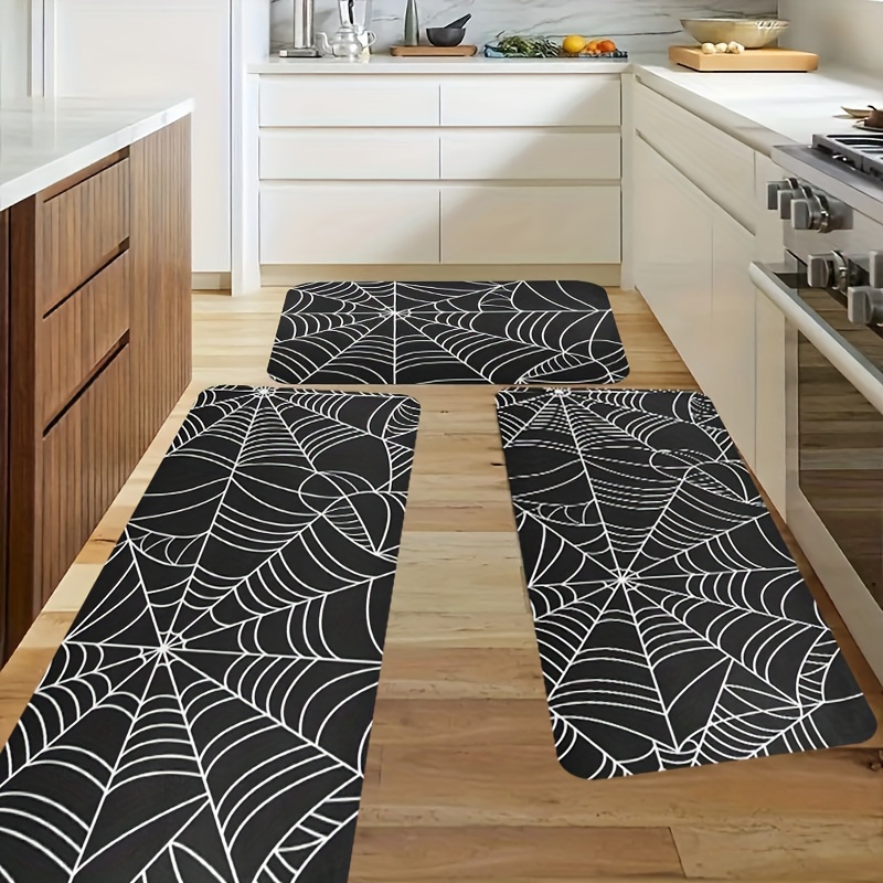 

1pc Black Spider Web Decorative Pattern Kitchen Carpet With High-end Flannel, Non-slip Backing Rug, Machine Washable Kitchen Rug, Soft And Comfortable Floor Mat, Laundry Room Carpet, Entryway Doormat