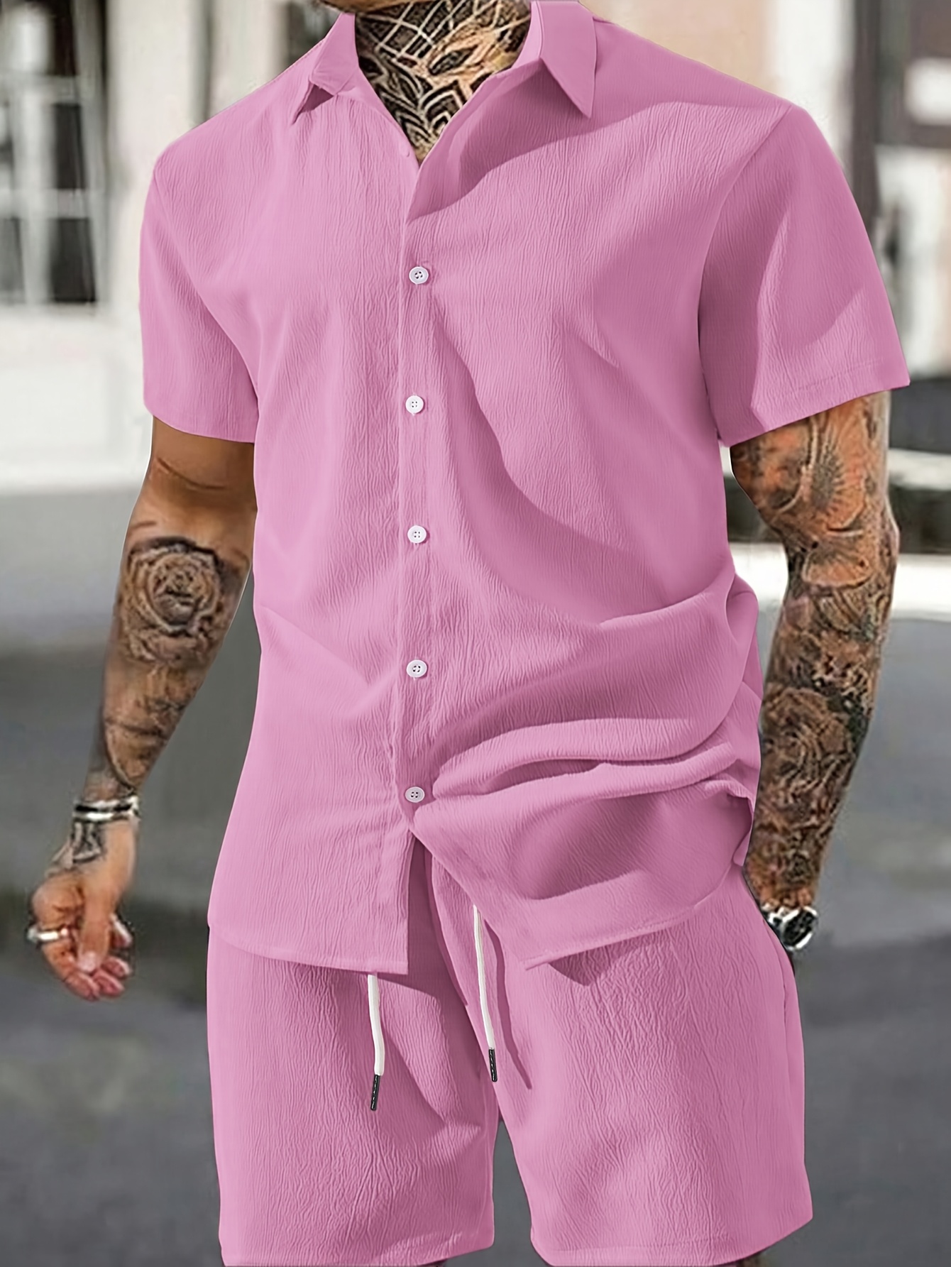 mens casual short sleeve button shirt shorts set light pink Temu