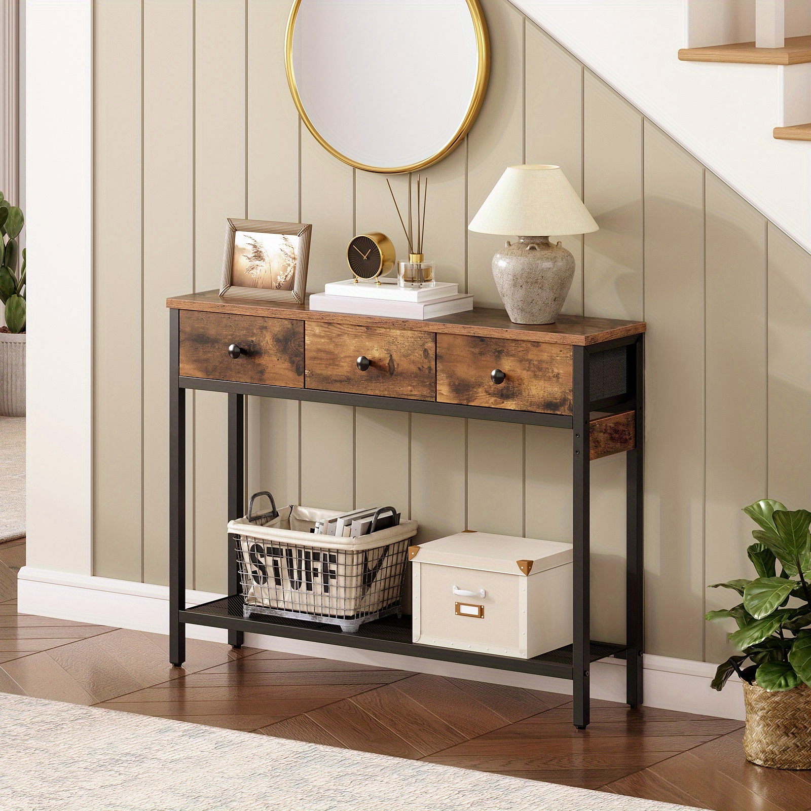 Image of Entryway Table Featuring Drawers And Dual Storage Levels, A Sturdy Metal Frame, Measuring 100 X 24 X 76 Cm, Suitable For The Entrance, Hallway, Or Living Room, In A And Black End