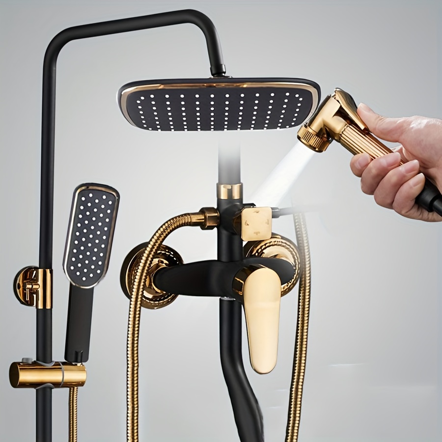 

premium" Luxurious Black & Gold Shower Set With Handheld Spray Gun - Wall-mounted, Oval Copper Body, Full Coverage Rainfall Head For Home Bathroom