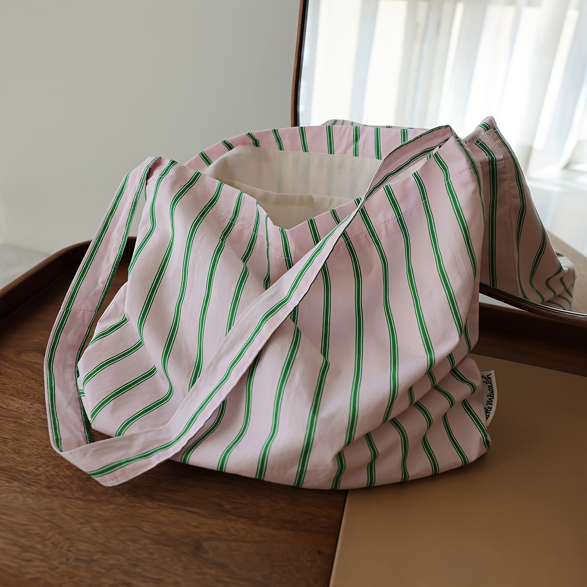 E-shop Preppy Rosa-Grüne Gestreifte Schultertasche, Einfache Damen-Tasche für Arbeit und Pendeln, Leichte Tote Bag