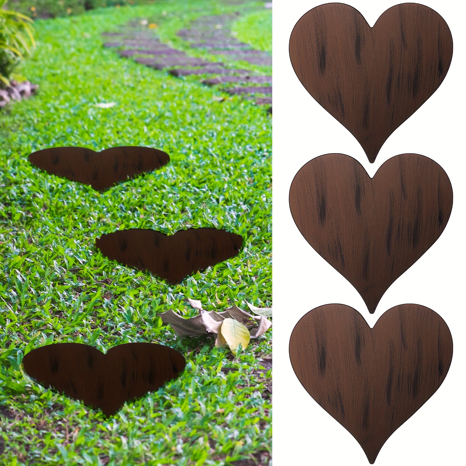 

3 Pcs Heart Garden Stepping Stones Brown Cast Iron Stepping Stones Rustic Style Outdoor Stones For Outside Decorative Decor, 12 Inches