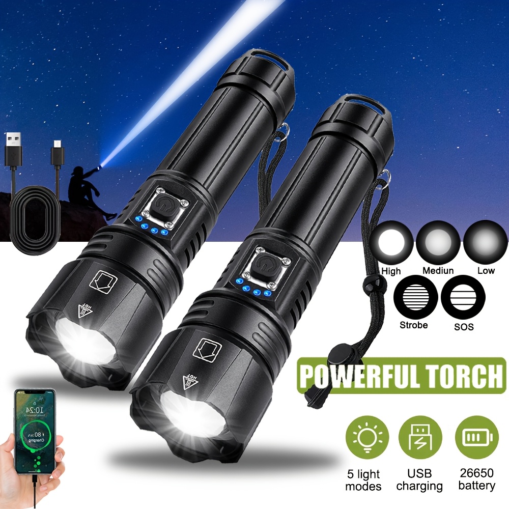 TEMU 1/2 linternas LED recargables de luminosidad, 5 de iluminación, linterna táctica, linterna portátil de aleación de aluminio con zoom, duradera y