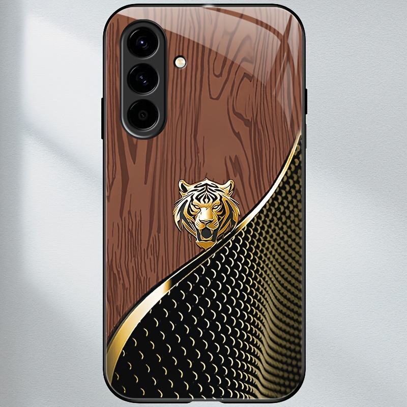 TEMU Étui téléphone compatible for Samsung A56 5G, coque rigide en verre trempé avec motif écailles de tigre-dragon dorées marron