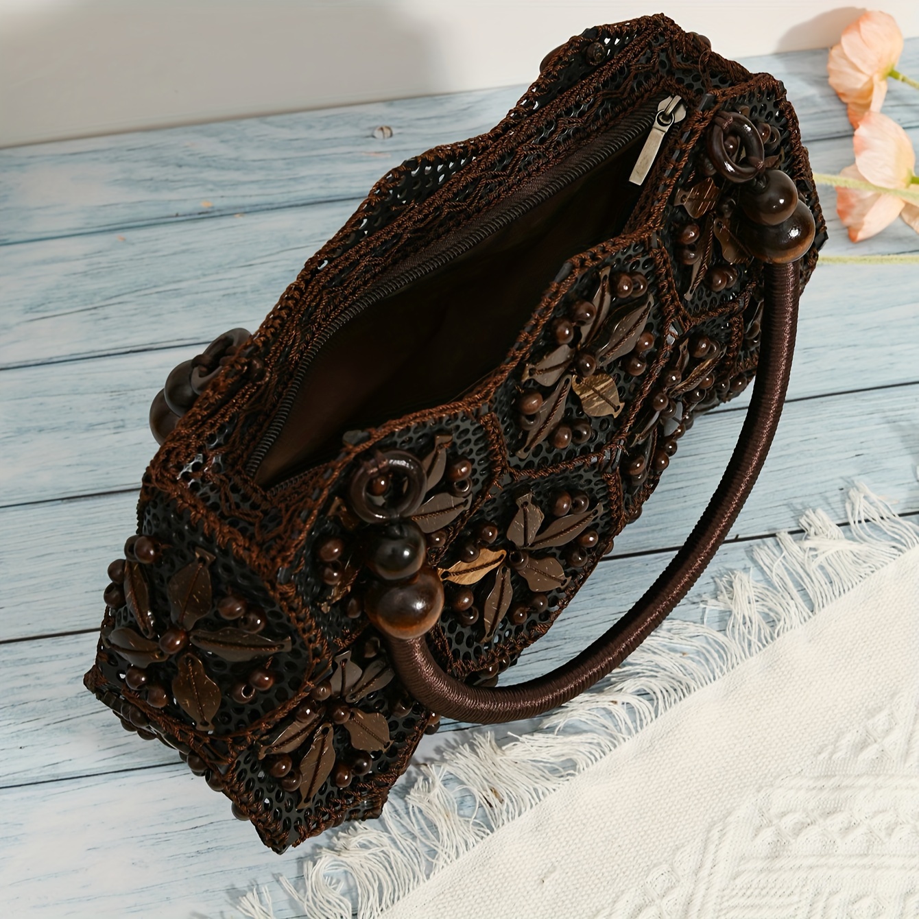 [Bohemian Clutch Bag] Handcrafted Coconut Shell Bohemian Clutch Bag | Vintage Ethnic Style, Deep Brown Geometric Design with Zipper Closure, Intricate Bead and Leaf Motifs, Perfect for Casual or Formal Occasions