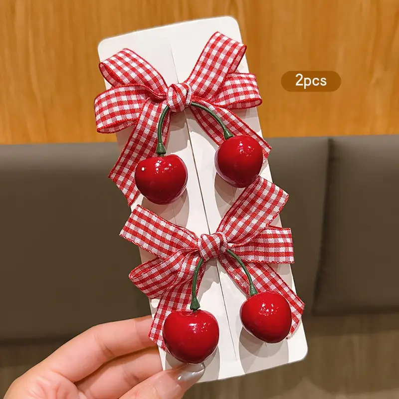 2pcs korean style   bow hair clips red white gingham check with green leaves durable plastic hair accessories for women casual everyday   season versatile hairpins cute hair clips   accessory secure hold hairpin Product details 0
