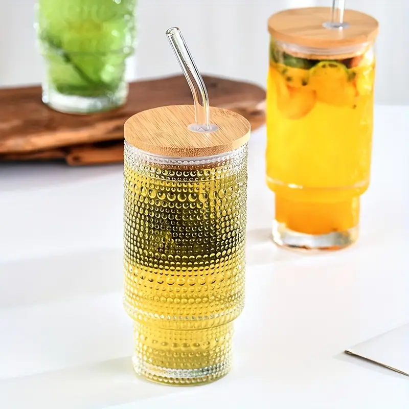 4 pack 11oz bpa free vertical stackable glass cups with leak proof lids straws insulated reusable for cold brew beer juice outdoor activities picnics beach holiday gifts polka picnic essentials elegant party glasses stylish drinkware beach accessories modern glassware durable construction home best for christmas Product details 1