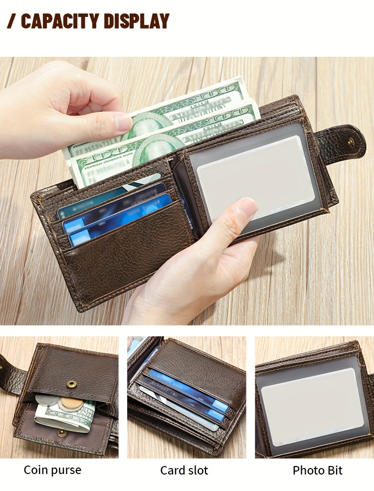 Men'S Genuine Leather Wallet, Minimalist Multi-Grid Card Case, Top Layer Cowhide Short Wallet