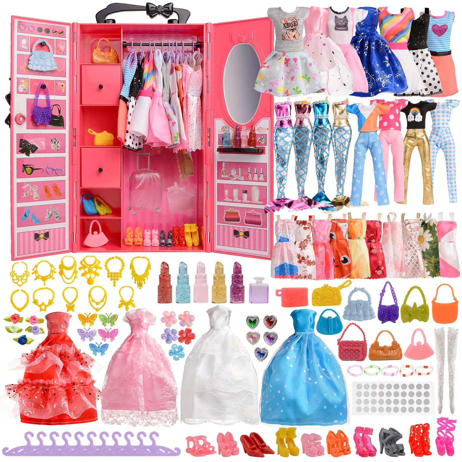 

87pack Doll And Closet Set Fashion Diy Wardrobe Doll Clothes And Accessories Including Wardrobe, Wedding Dress, Shoes, Necklace, Bags And More