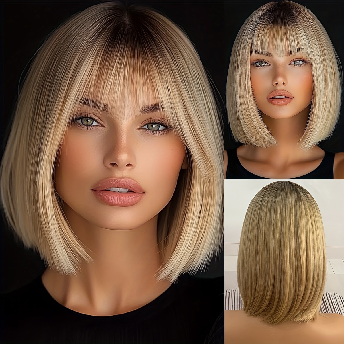 TEMU Natural Straight Blonde Bob Wig - Heat-resistant Synthetic Fiber, 12 Inch Elegant Unisex Wig With 130% Density & Cap For Cosplay, Parties, Mother’s Day - For , Wig Accessories