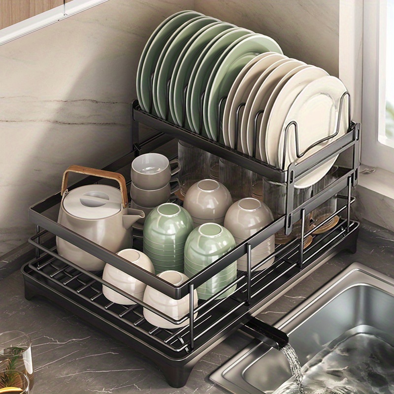 TEMU Égouttoir à et assiettes à 2 niveaux avec sortie d'eau rotative à 360°, égouttoir à vaisselle, porte-couverts, rangement et organisation de