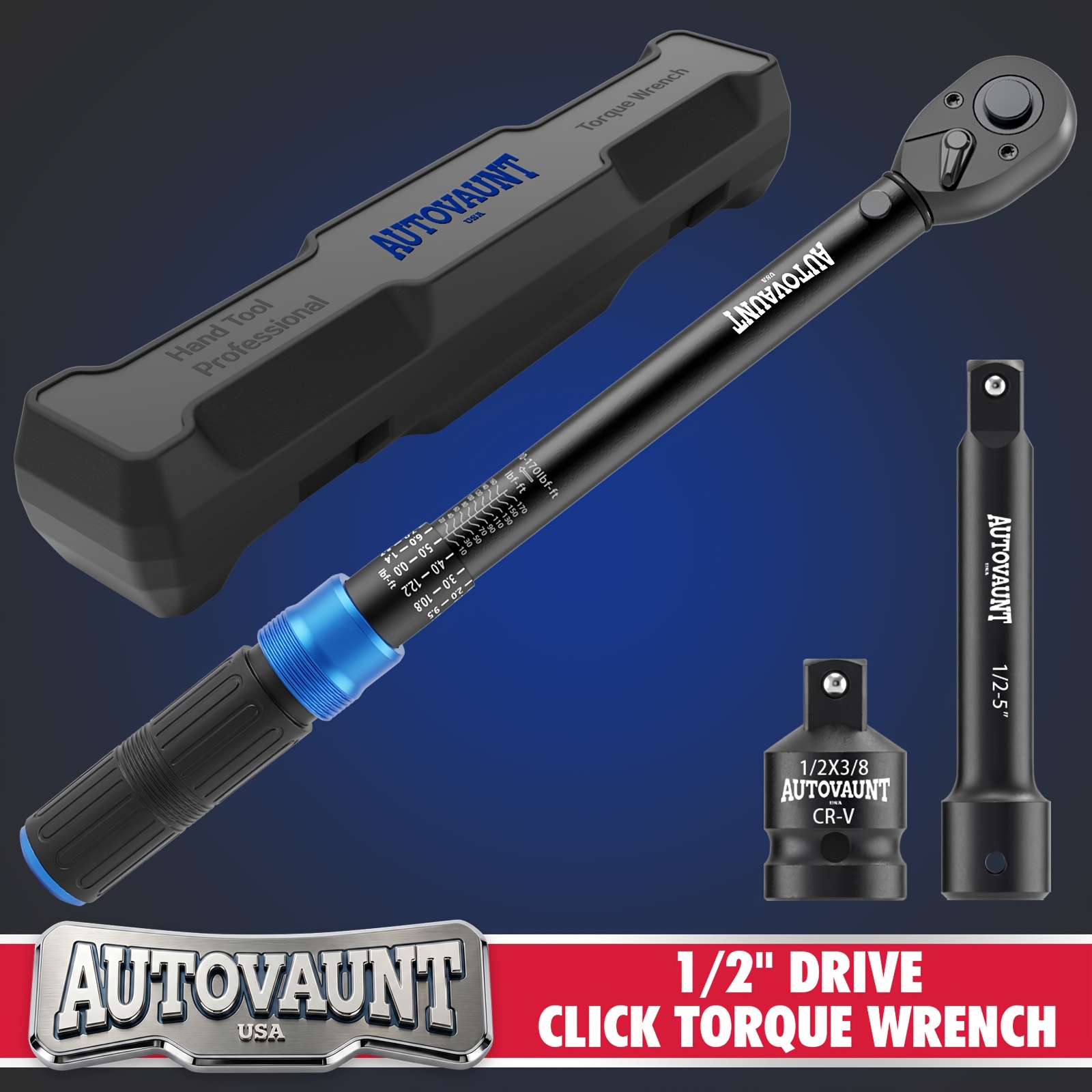 TEMU 1/2-inch Torque Wrench Set, 10 - 170 Ft-lb/ 13.6 230.5 Nm, Dual Scale, 72-tooth Reversible Head With 5" Extension & Adapter For Car, Tire, And