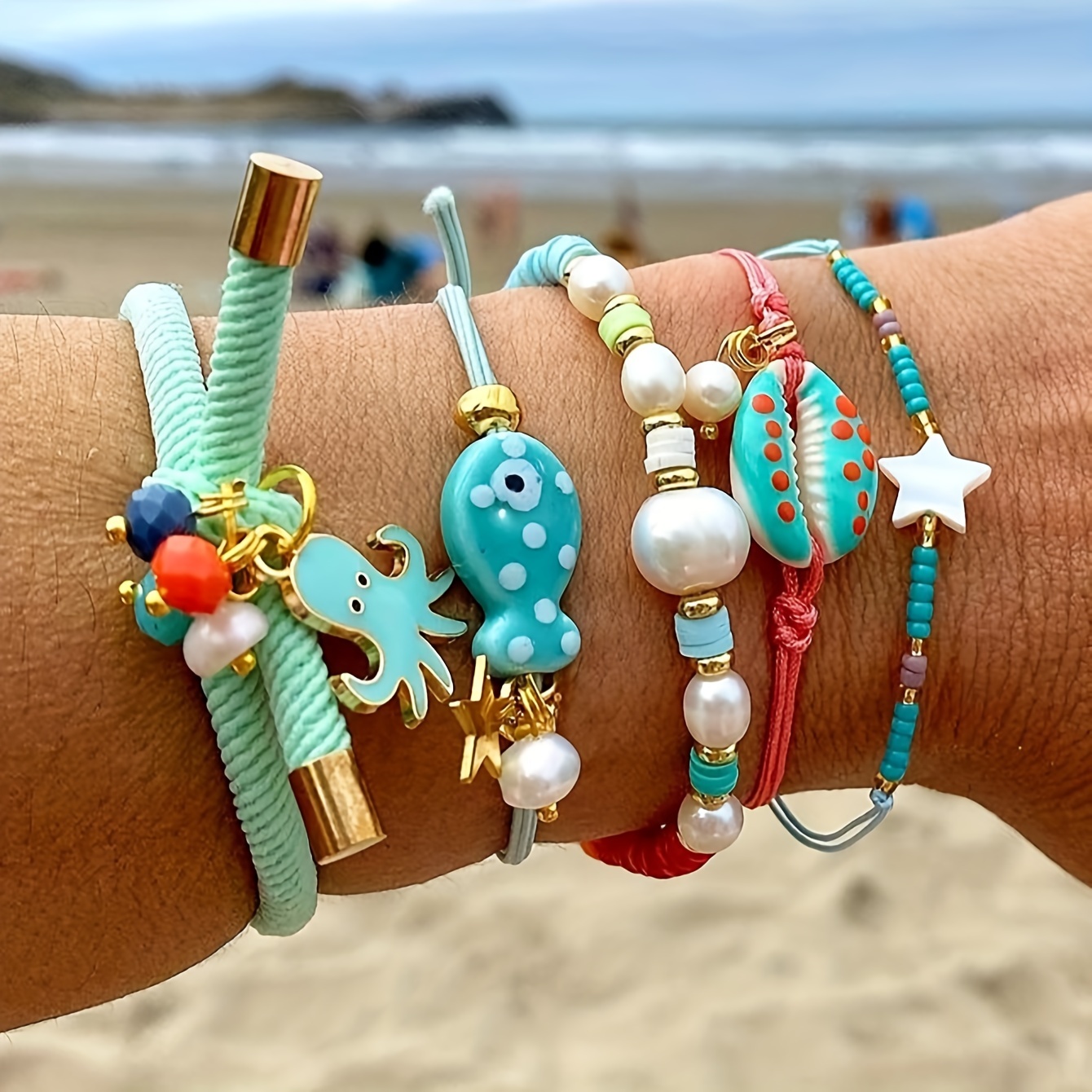 

Boho Beach Charm Bracelet Set For Women - 5-piece Mixed Bohemian Beaded Bracelets With Glass Fish, Shell, Octopus Pendants, Multi Layered Weave Bangles For Vacation Party Daily Accessories