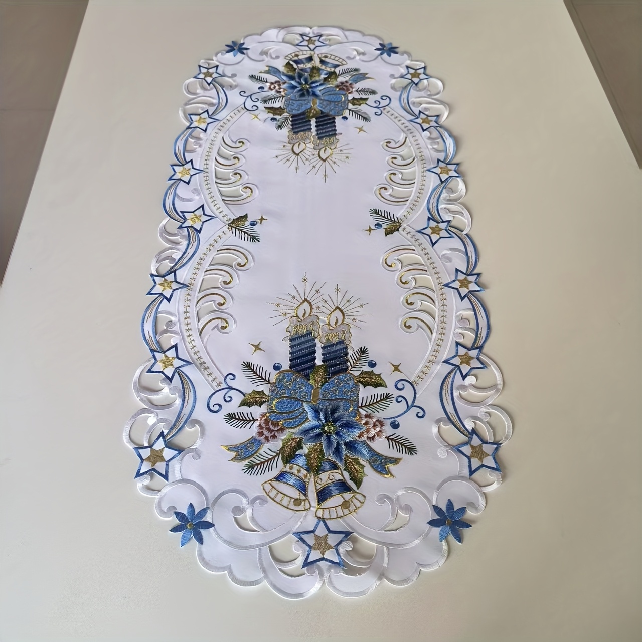 Image of Christmas Blue Flowers, Bells, Candles, Hollowed Out Embroidery Tablecloths, Table Flags, Family Gatherings, Dining Tables, Coffee Tables, Decorations Highlight The Festive Atmosphere