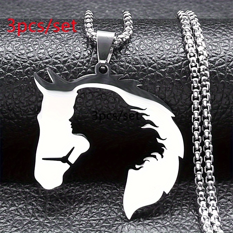 

3pcs/set Stainless Steel Simple Hollow Horse Head Animal Pendant Necklace Men And Women Hip-hop Trendy Cool Jewelry