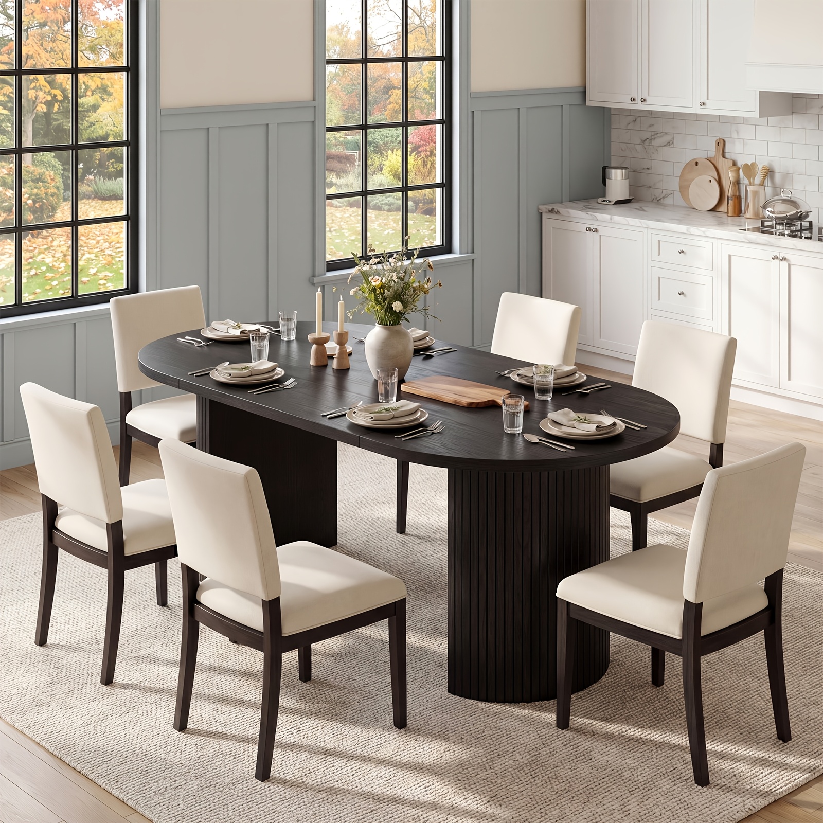 TEMU Pazcasa Inch Dining Table For 4-8, Oval Dining Room Table With Curved Fluted Wood Strip Base, Mid-century Modern Kitchen Tables With Footpads,
