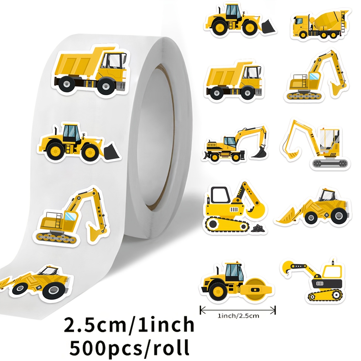 500 Sheets/roll Cartoon Construction Vehicle Self-adhesive Roll Stickers, Tape For Gifts, Envelopes, Diy Decoration, Pvc Sealing Stickers
