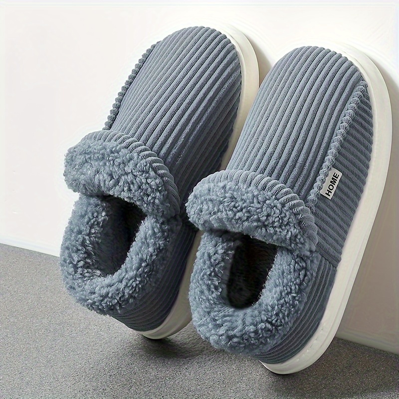 fzt unisex winter cotton slippers with plush   casual minimalist striped indoor house shoes with   3cm pvc sole round toe slip on slippers for   fabric upper warm non slip details 0