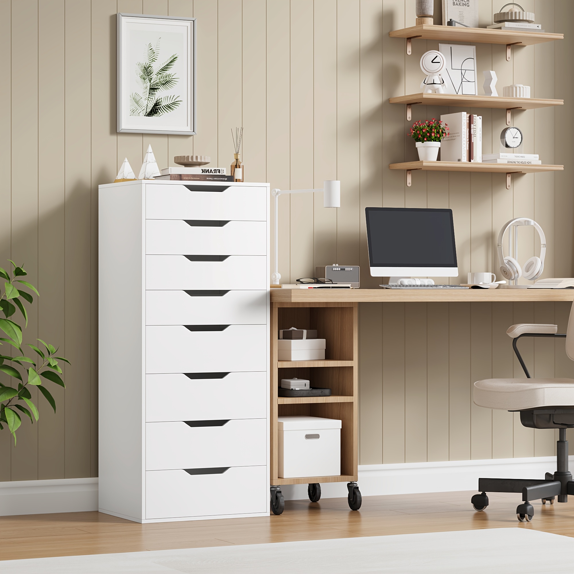 8 Drawer File Cabinet | Wood Filing Cabinet Under Desk, Vertical Small Filing Cabinet Fits Letter, Legal, A4 Size, Contemporary Hardwood, Floor Mount, Assembled, For Home Office