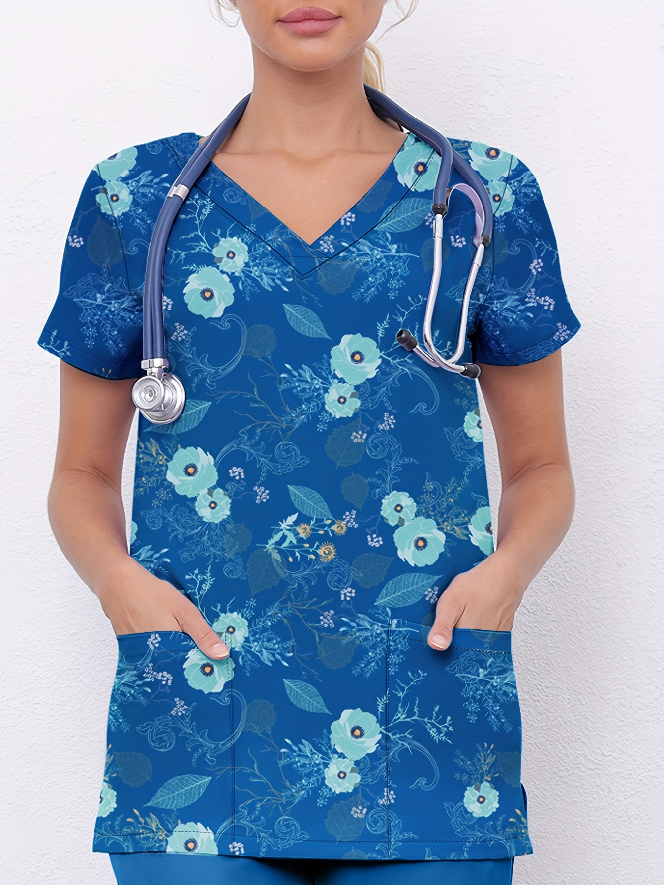 Floral Print Nursing Scrubs Top V neck Short Sleeve Medical - Temu