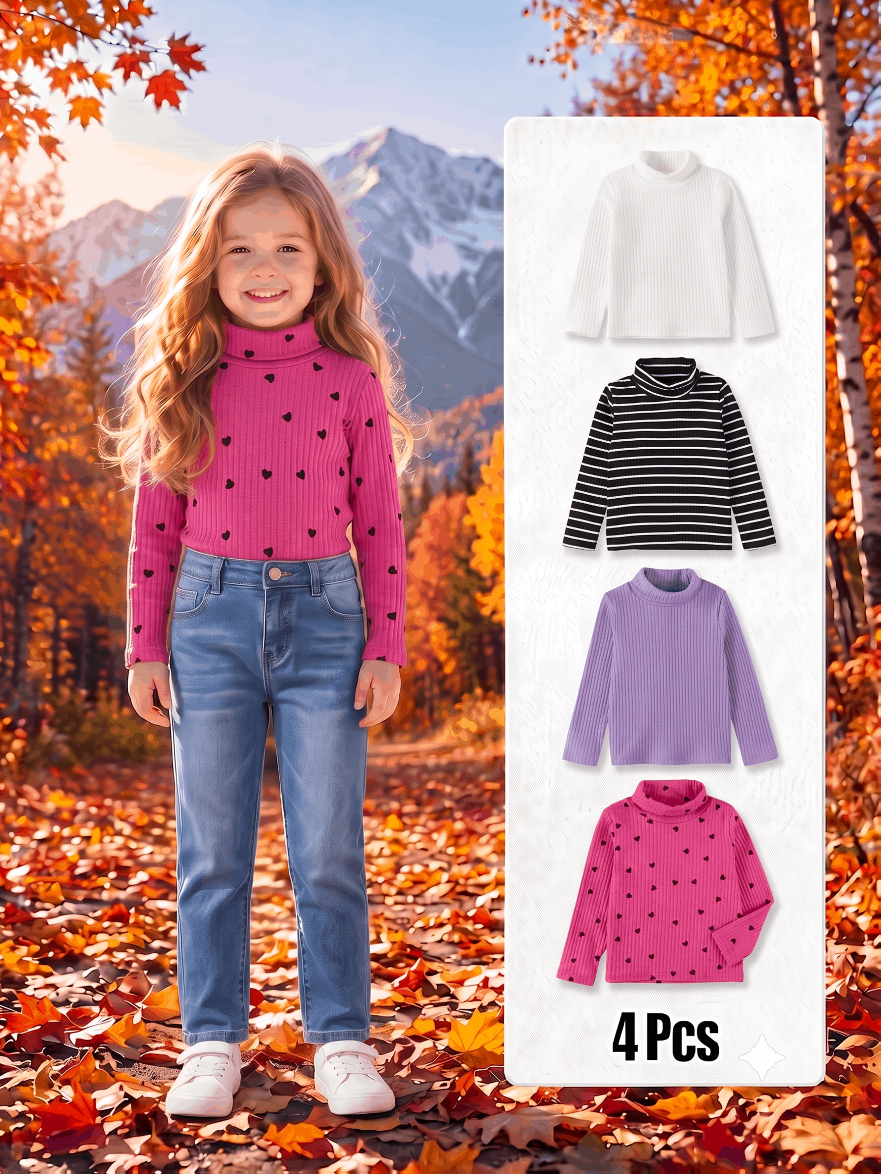 4pcs Girls' High-Neck Stylish Pullover Sweater Set, Autumn/Spring