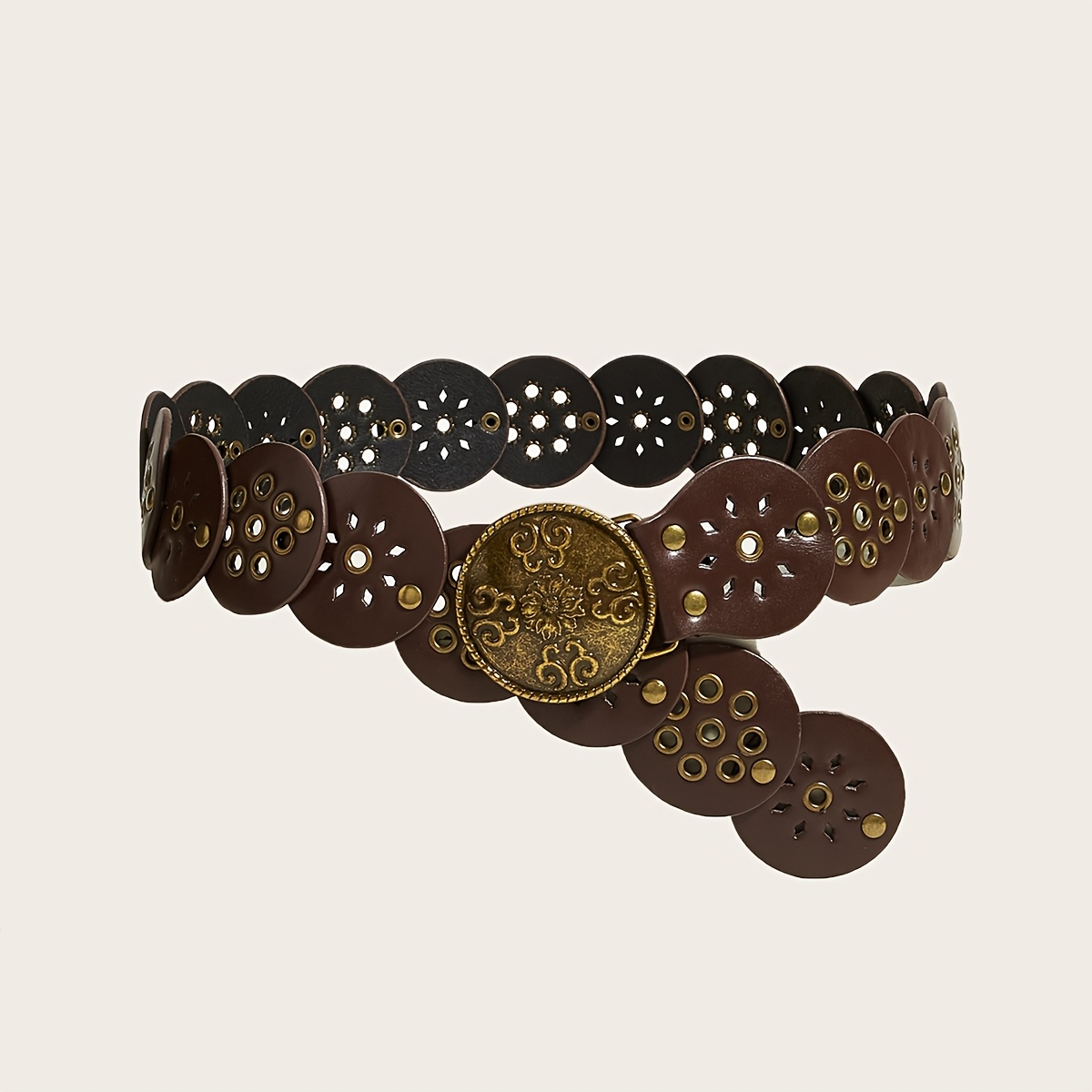 TEMU 1pc Boho Brown Ladies Belt Waist Seal, Retro Do Old Bronze Color Carved , Hollow Round Metal Air Eye, Rivet Stitching, Matching Skirt, Pants,