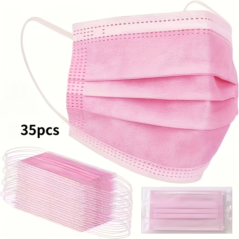 Image of 35pcs Disposable Face Masks, Pink, 3-layer Breathable Masks, Individually Wrapped, Suitable For Adults, Ideal For Daily Use