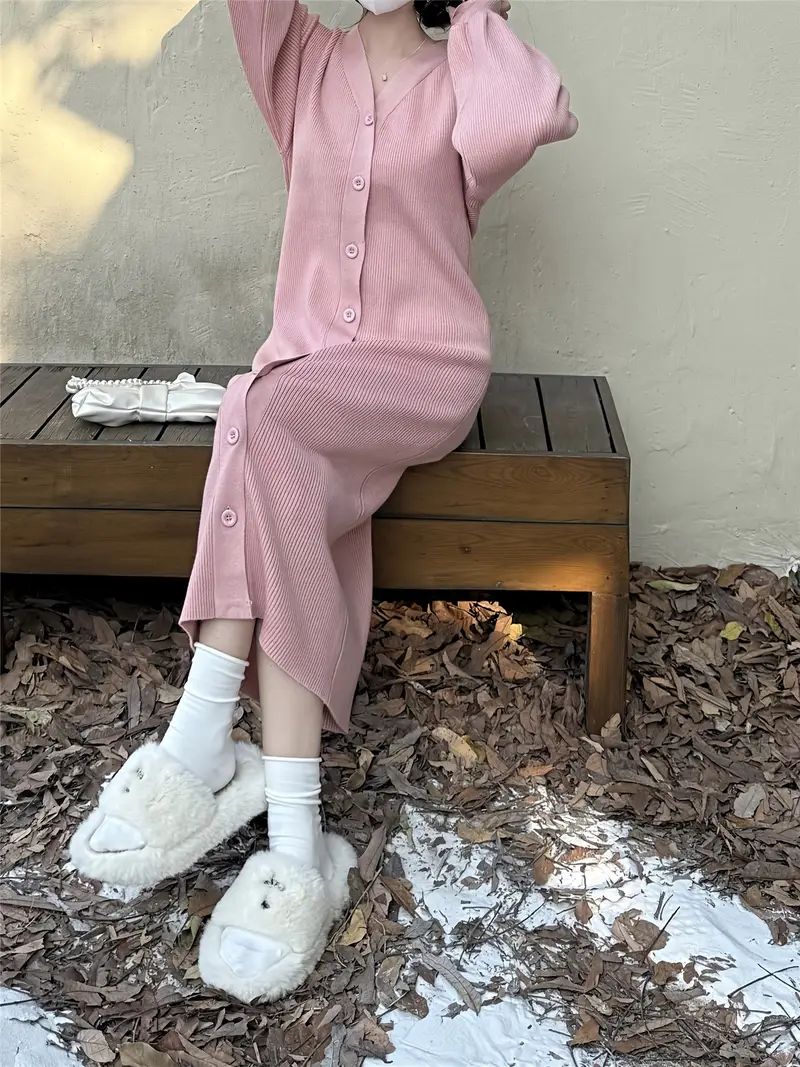 1pc v neck lantern sleeve knit dress long bodycon midi dress - Temu 1pc v neck lantern sleeve knit dress long bodycon midi dress - Temu