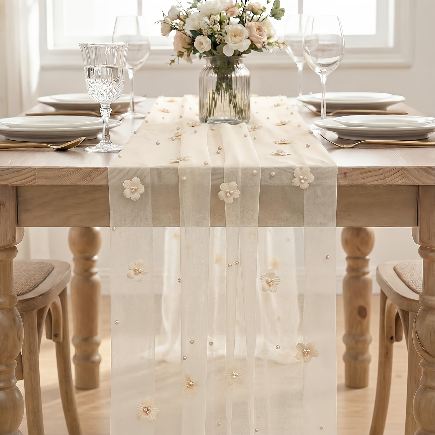 TEMU Champagne Gauze Table Runner 10ft, Seasonal Sheer Dining Holiday Wedding Birthday Bridal Shower Table Decor For Home Party