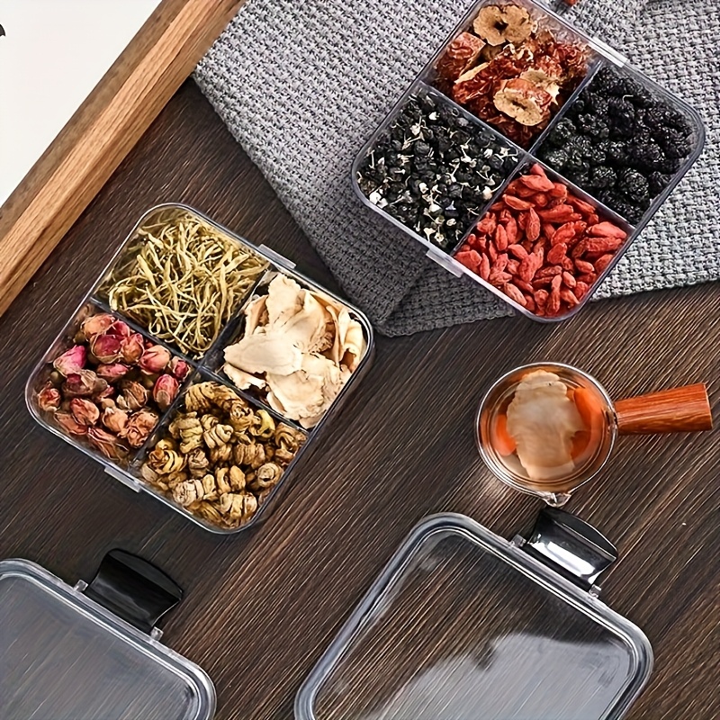   2 pack plastic square food storage containers with lids 4 compartment sealed jars for tea   and snacks freestanding flower tea organizer with good seal Product details 2