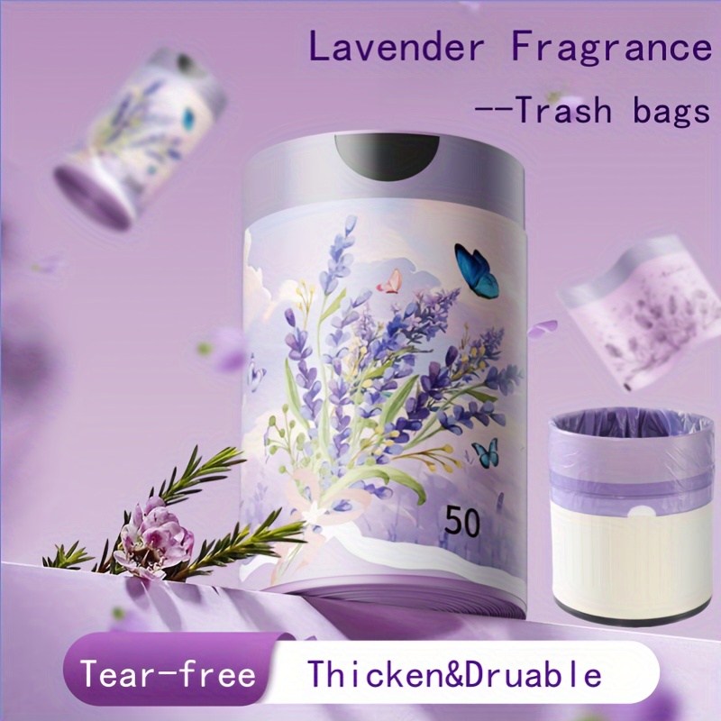 

Lavender Fragrance 4 Gallon Trash Bags, 50pcs - Thickened Drawstring Garbage Bags For Kitchen, Office, Home & Dining Room - Automatic Closing, Multipurpose Disposable Bags, Portable, 1 Roll