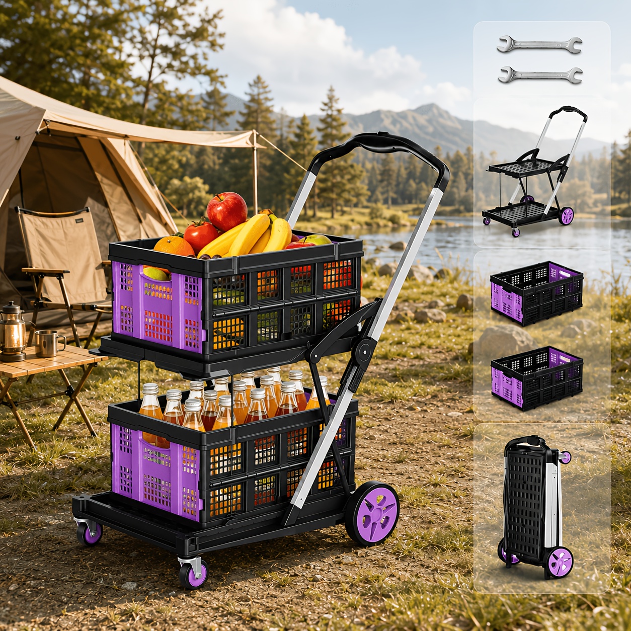 Collapsible Shopping Cart With Wheels, Foldable 2-tier Grocery Cart With 2 Removable Storage Baskets For Supermarket, Camping, Picnic