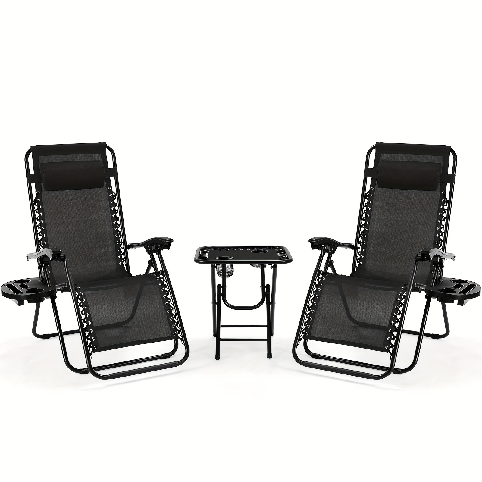 Chaise pliante avec table, chaise longue avec table de côté, chaise de pont avec dossier réglable, chaise de jardin avec porte-gobelet, chaise de jardin respirante, chaise de plage, noir, 2 chaises + 1 table