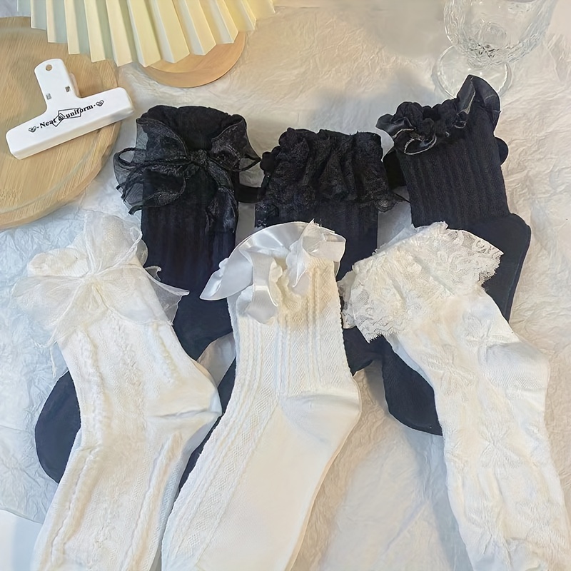 

6 Pairs Bow Decor Ruffle , Sweet Japanese Mid , 's Stockings & Hosiery