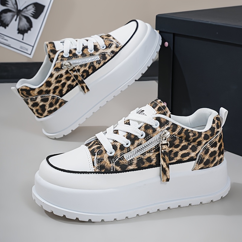 TEMU Women's Casual Sneakers, Low-top, Platform Sole, Trendy, Side Zipper Design, Lace-up, Leopard Print Style In Black Or Khaki Options, In Solid