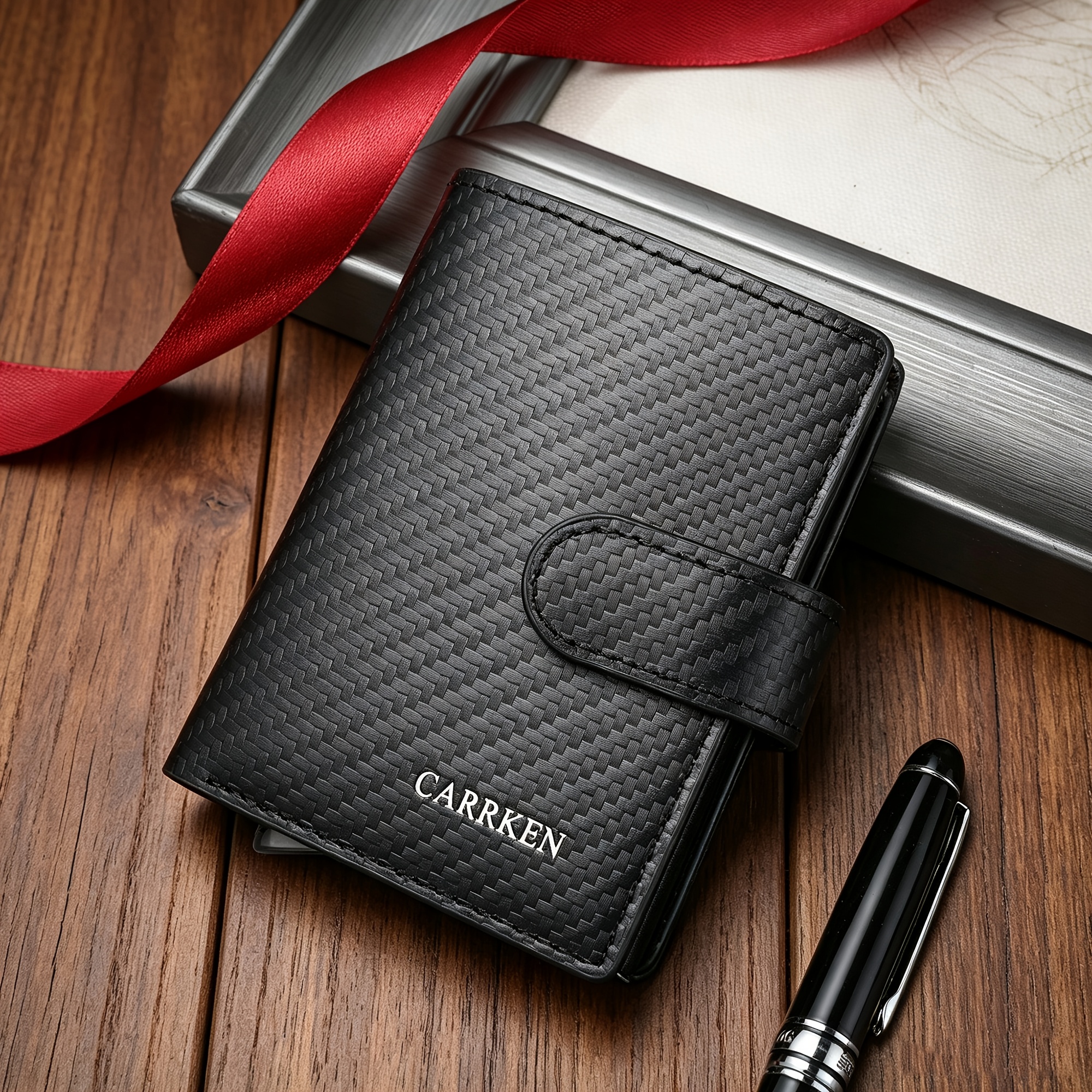 TEMU CARRKEN 1pc Nouveau Portefeuille Homme en Fibre de avec Boucle Texturée Boîte Multifonctionnelle en Aluminium Étui à Cartes Automatique Pop-Up
